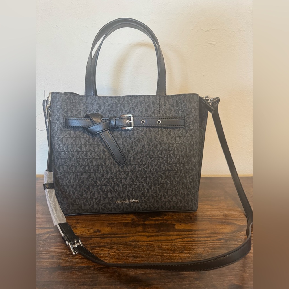 NWT Michael Kors Emilia Medium Satchel Black Logo  Silver Hardware